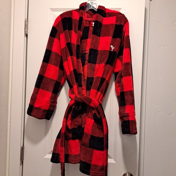 Victoria Secret Pink Robe XS Plush Plaid Sequin Dog Logo Hooded Pockets Belt Red - Picture 3 of 6